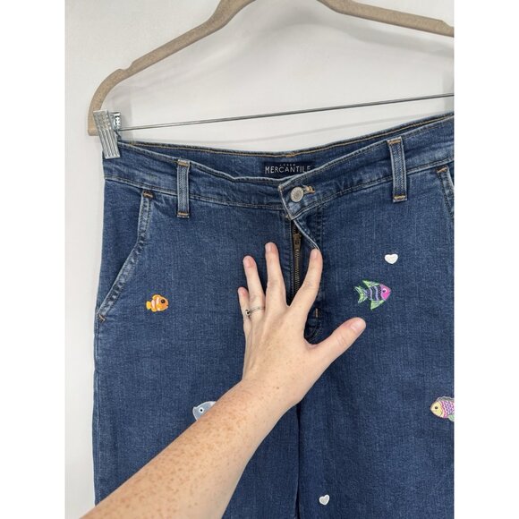 J. Crew Mercantile Wide Leg Mermaid Ocean Patch Work Jean Women 28 Blue Wash - Picture 10 of 12